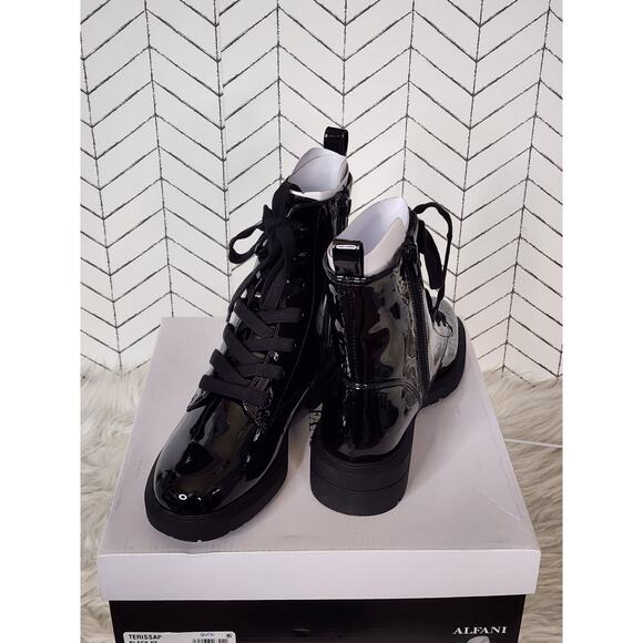Alfani Terissa Women’s Lace-Up Combat Boots – Glossy Ankle Booties - Black - Picture 2 of 10